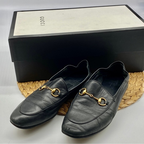 GUCCI BLACK LEATHER GOLD HORSEBIT LOAFER MOCCASIN FLATS SHOES LADIES SIZE 8 - Picture 10 of 11